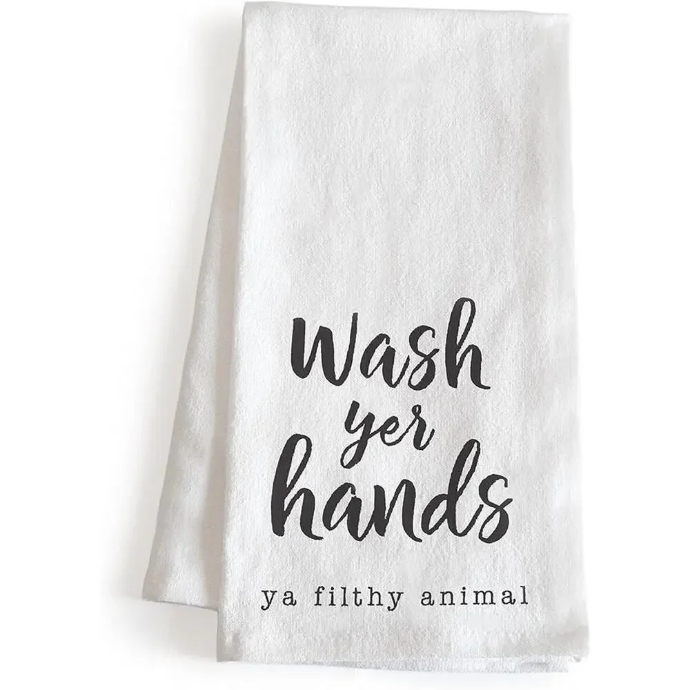 Main Event Wash Your Hands Ya Filthy Animal Kitchen Dish Towel New White Black